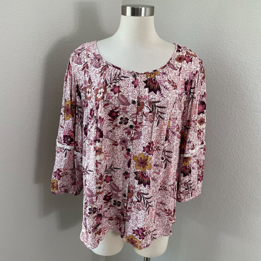 Knox Rose Womens Plus‎ XXL Floral Button Front Blouse Pink Boho Shirt Top